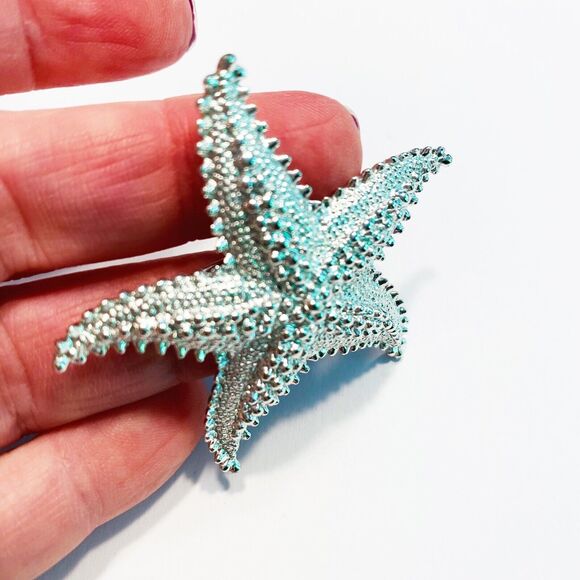 Vintage Pin Brooch 1970'S Silver Tone Textured Starfish Star Fish Beachy Coastal - Picture 4 of 5